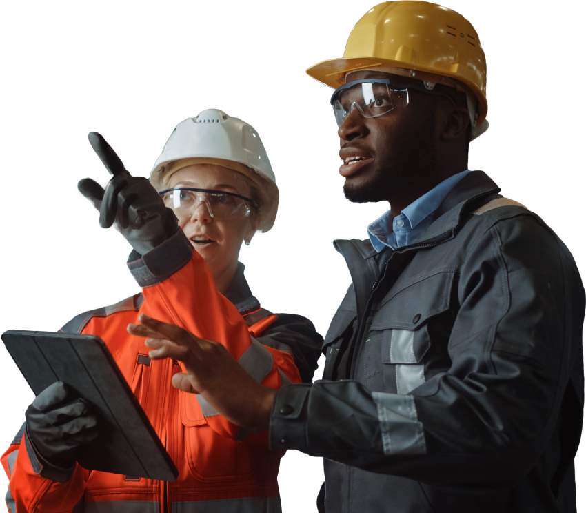 Two workers discussing a project