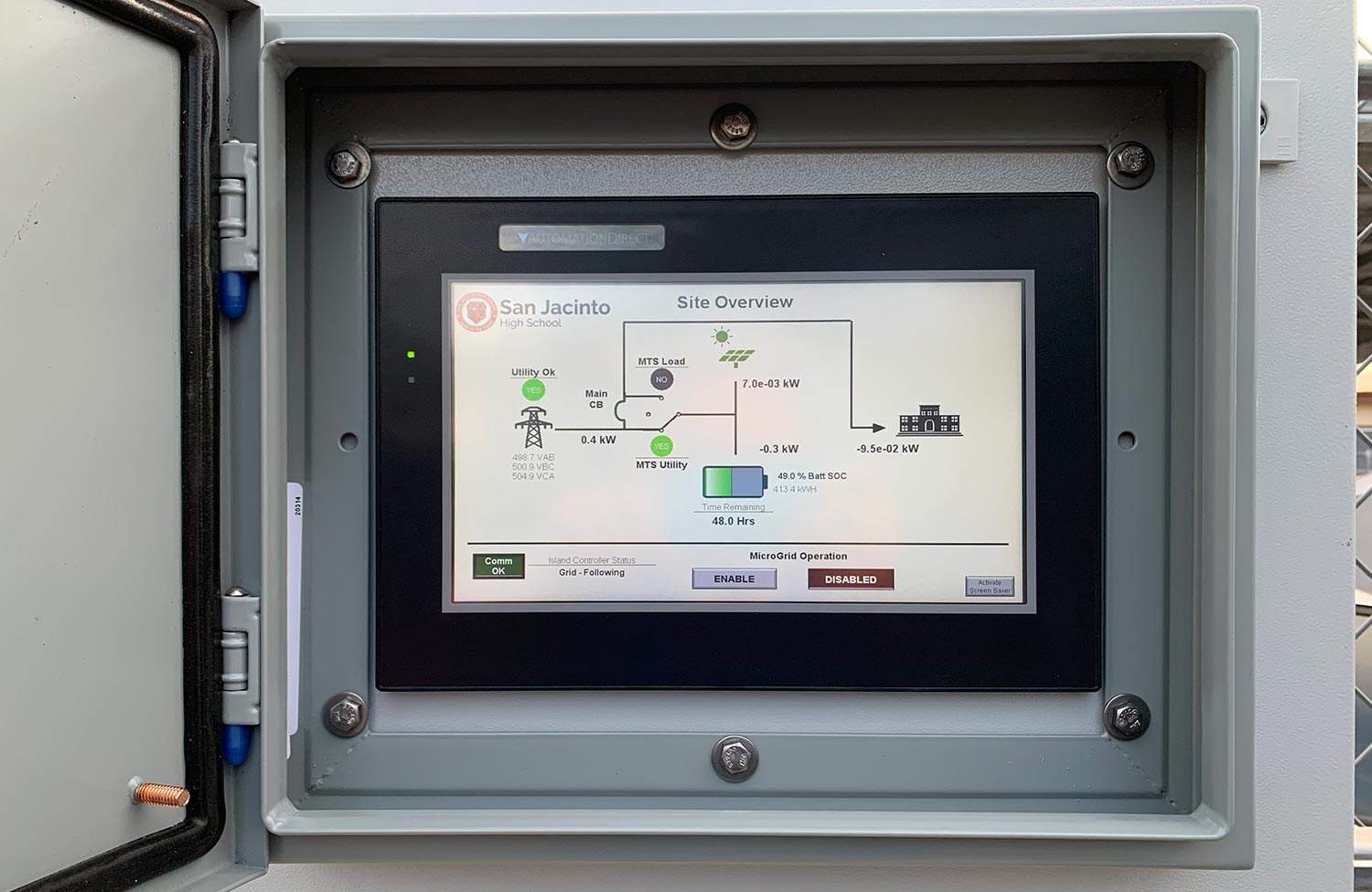 Digital display showing microgrid status and energy storage levels